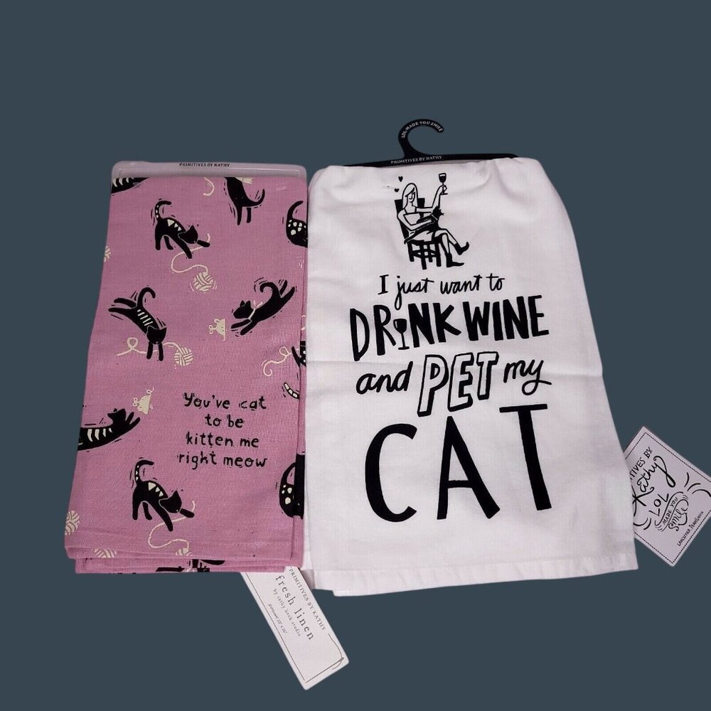 Set Of 2 Cat Themed Dish Towels 100% Cotton & Cotton/Linen Blend Gift